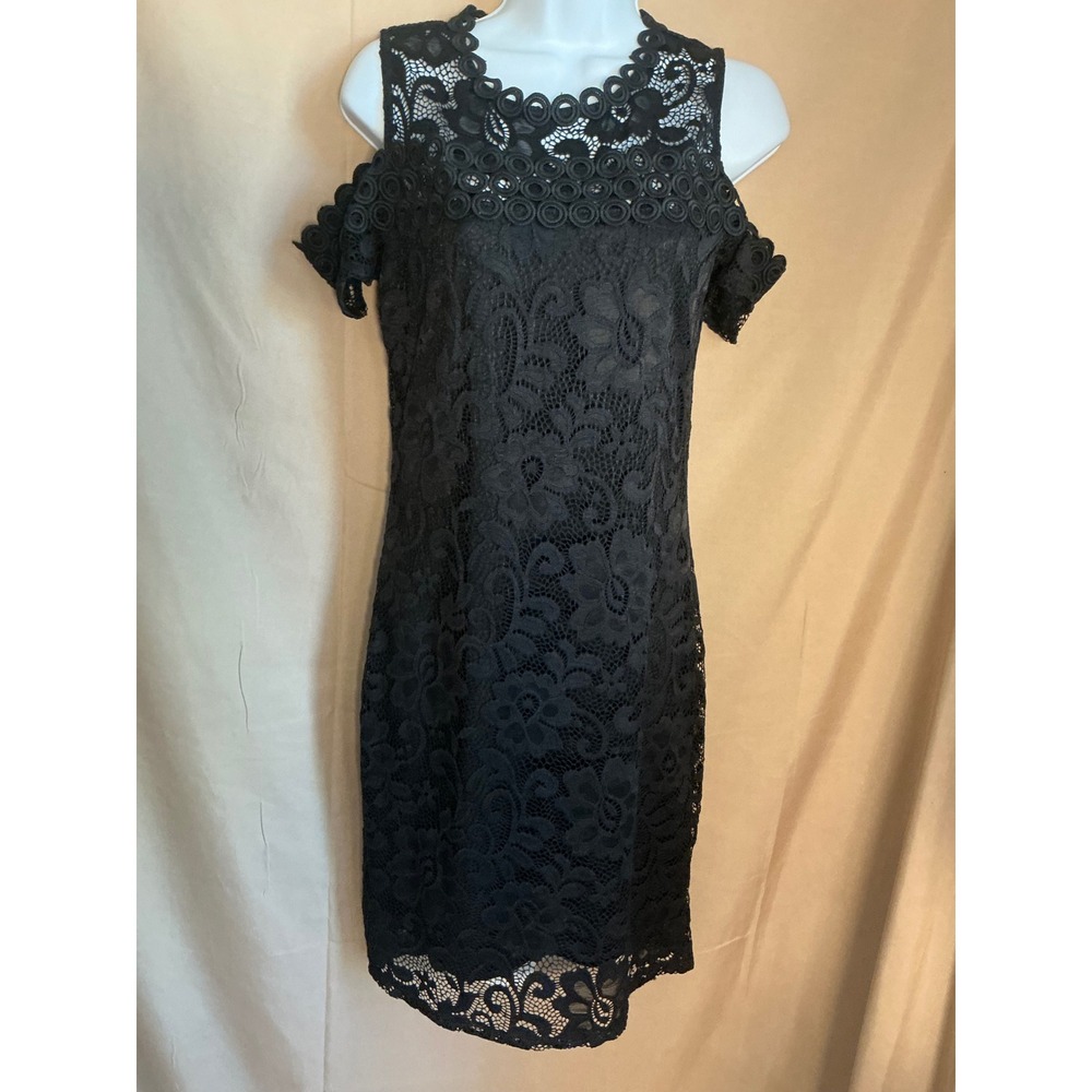 Ambiance Lace Cold Shoulder Dress Womens Large Black Excellent Floral Sheath